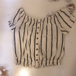 Black and white striped button accent top